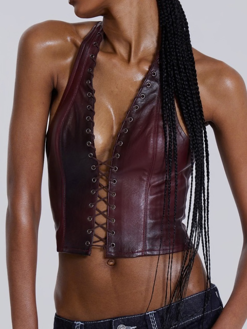 Jaded London Lynx Faux Leather Corset Top Burgundy & Black Size US 2